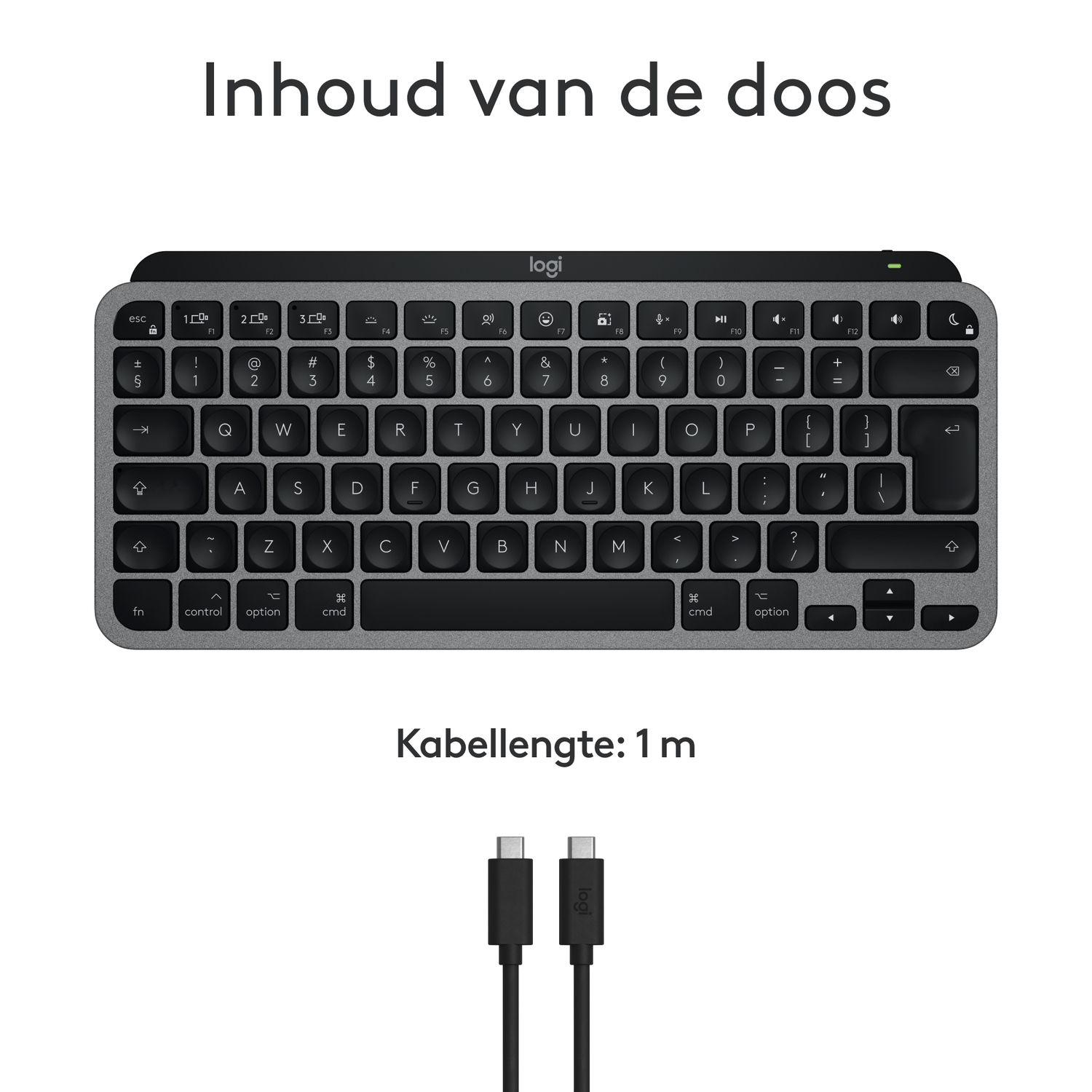 Toetsenbord en twee USB-C-kabels, met de tekst Inhoud van de doos en Kabellengte: 1 m.