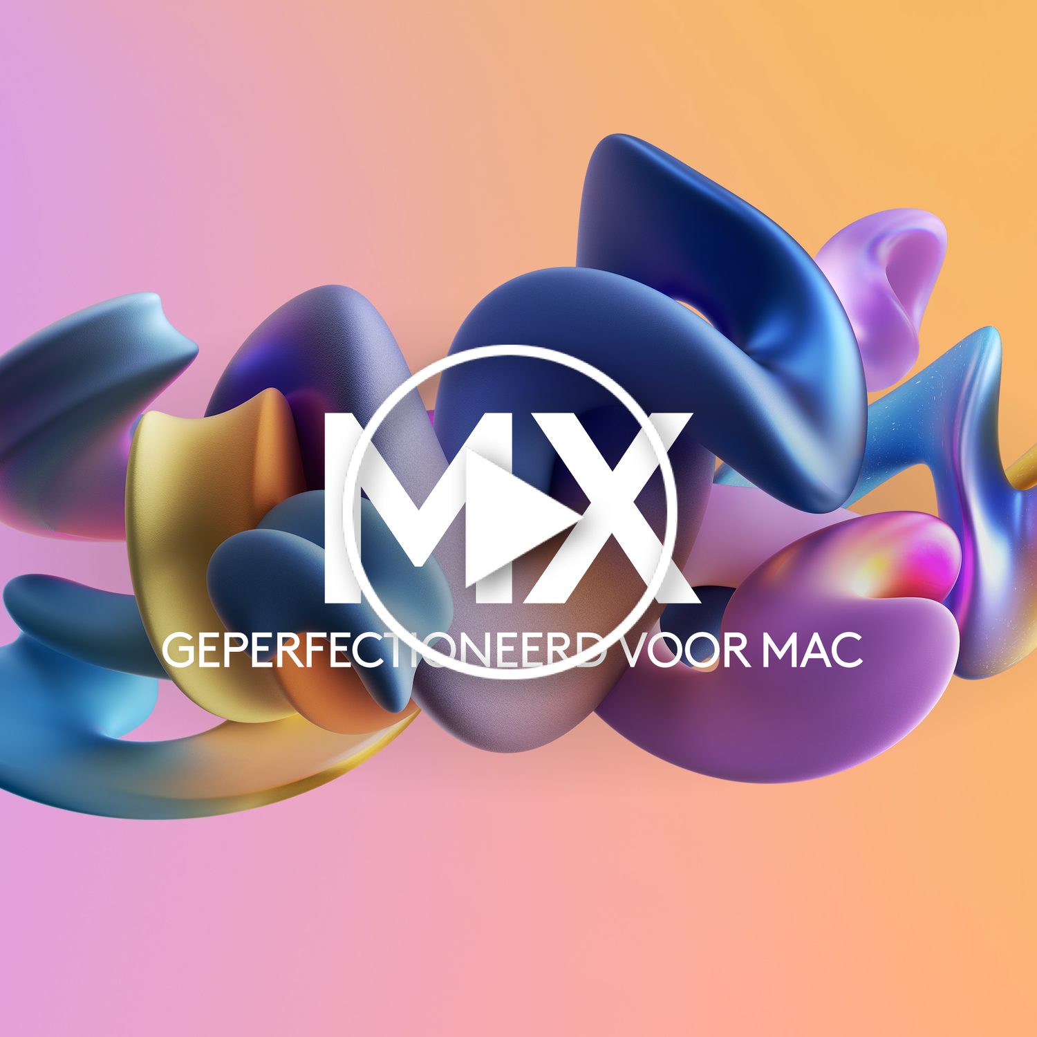 Abstract MX-logo over kleurrijke, vloeiende vormen in oranje, paars en geel. Afspeelknop in het logo.