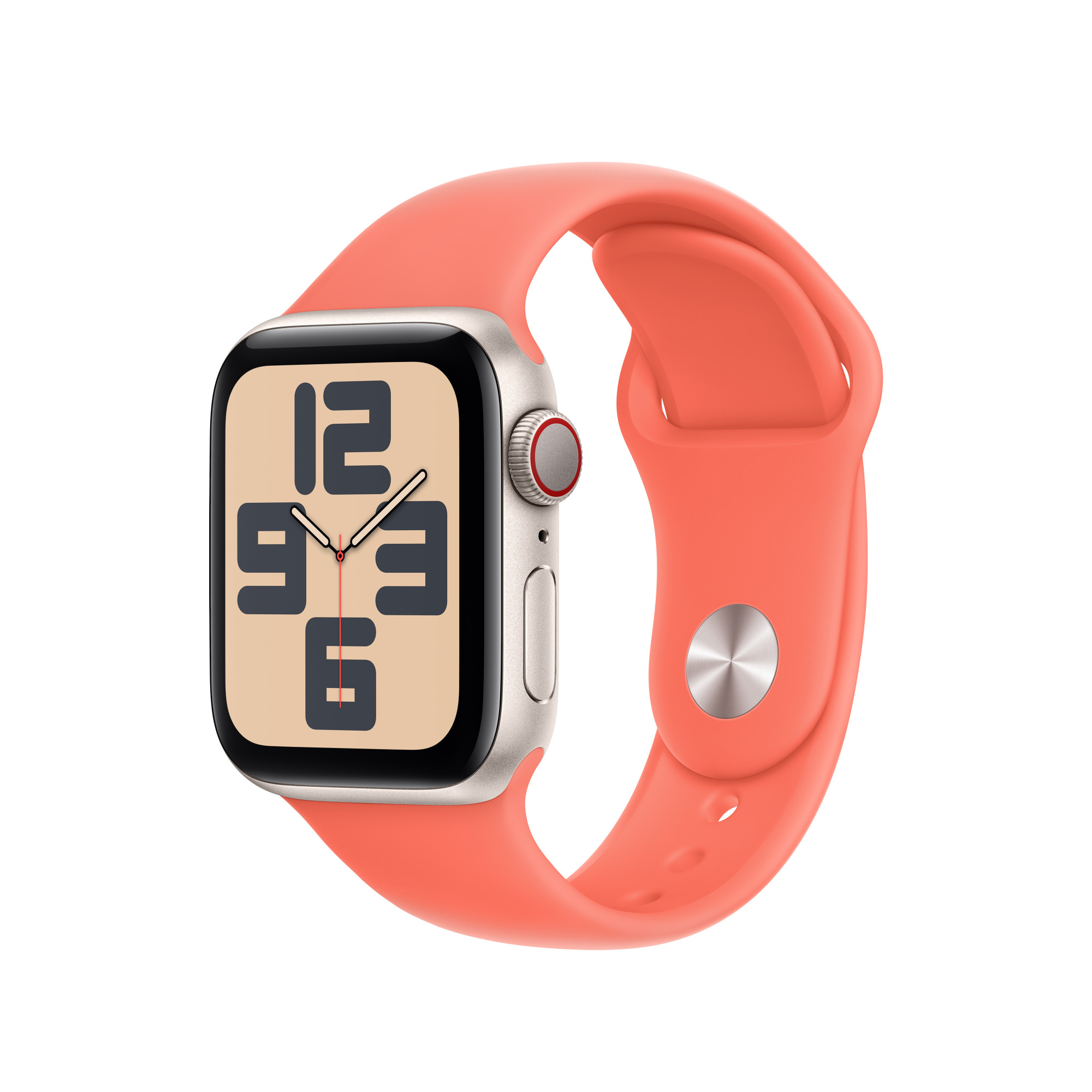Reloj inteligente rosa con pantalla redonda y correa rosa.