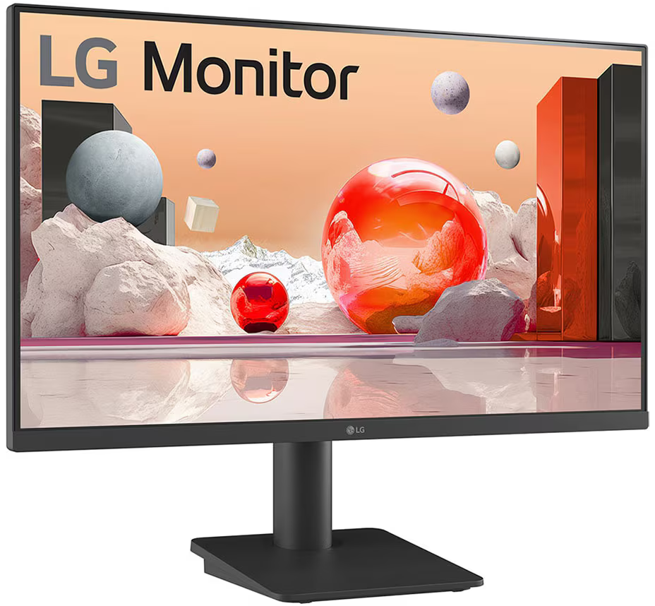 Egy LG monitor modern művészeti hátteret jelenít meg. Fekete állványon van.
