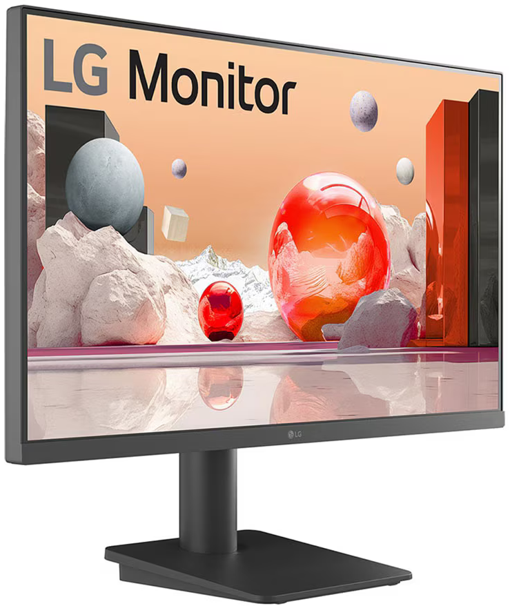 LG monitor színes absztrakt képpel. Fekete állvánnyal és kerettel rendelkezik.