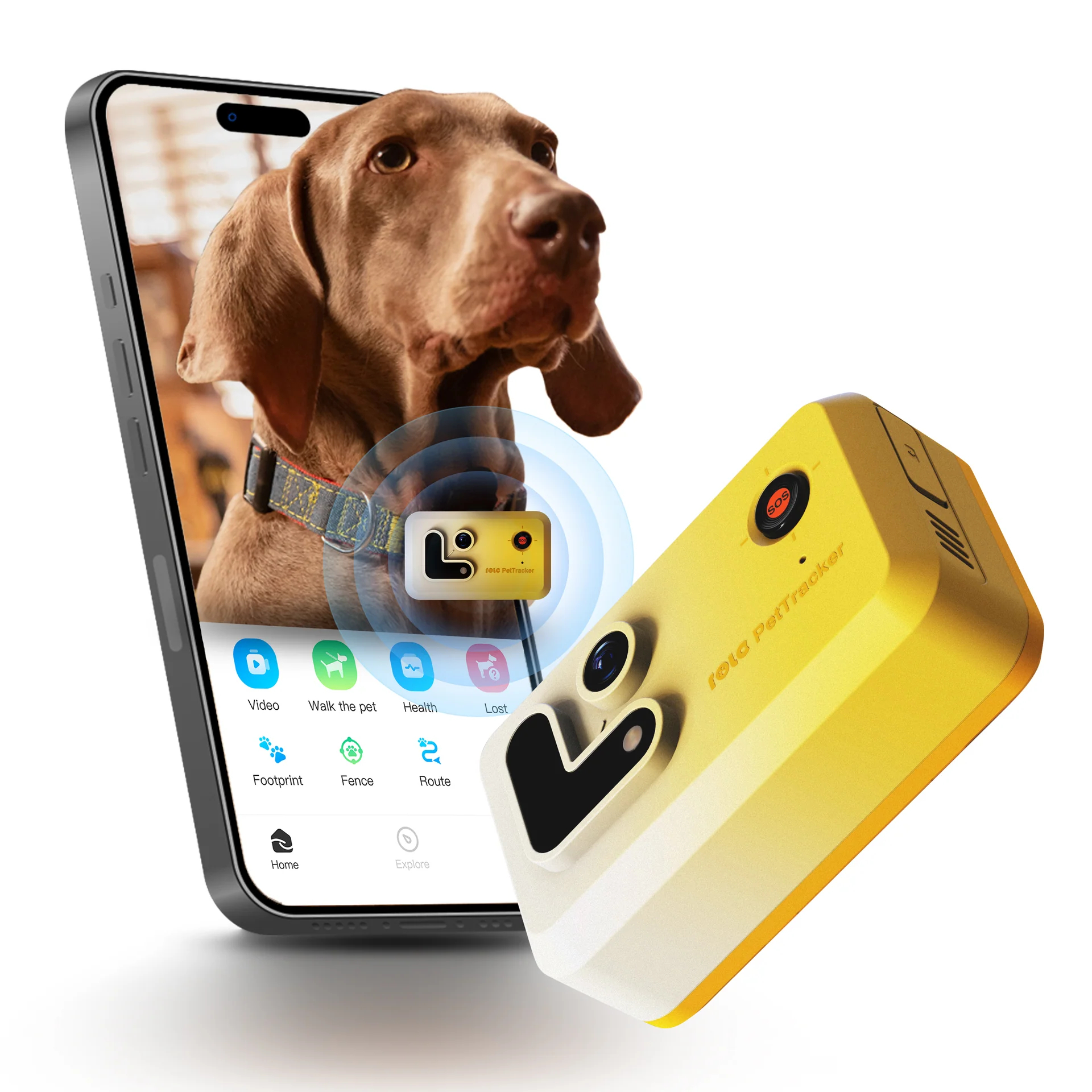 Telefon wyświetlający psa na smyczy, z żółtym lokalizatorem dla zwierząt i ikonami aplikacji.