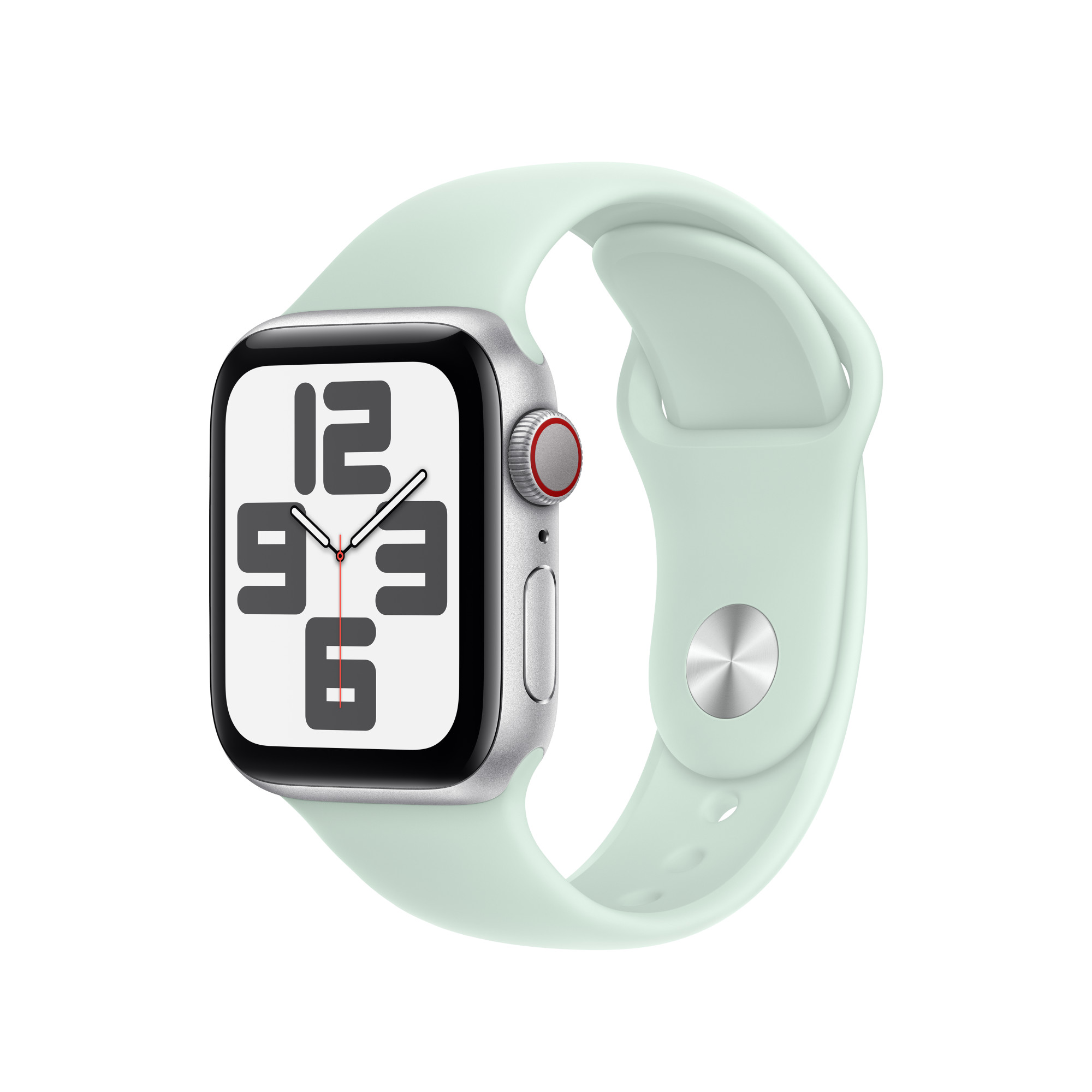 Apple Watch plateado con correa verde menta, mostrando un reloj digital.