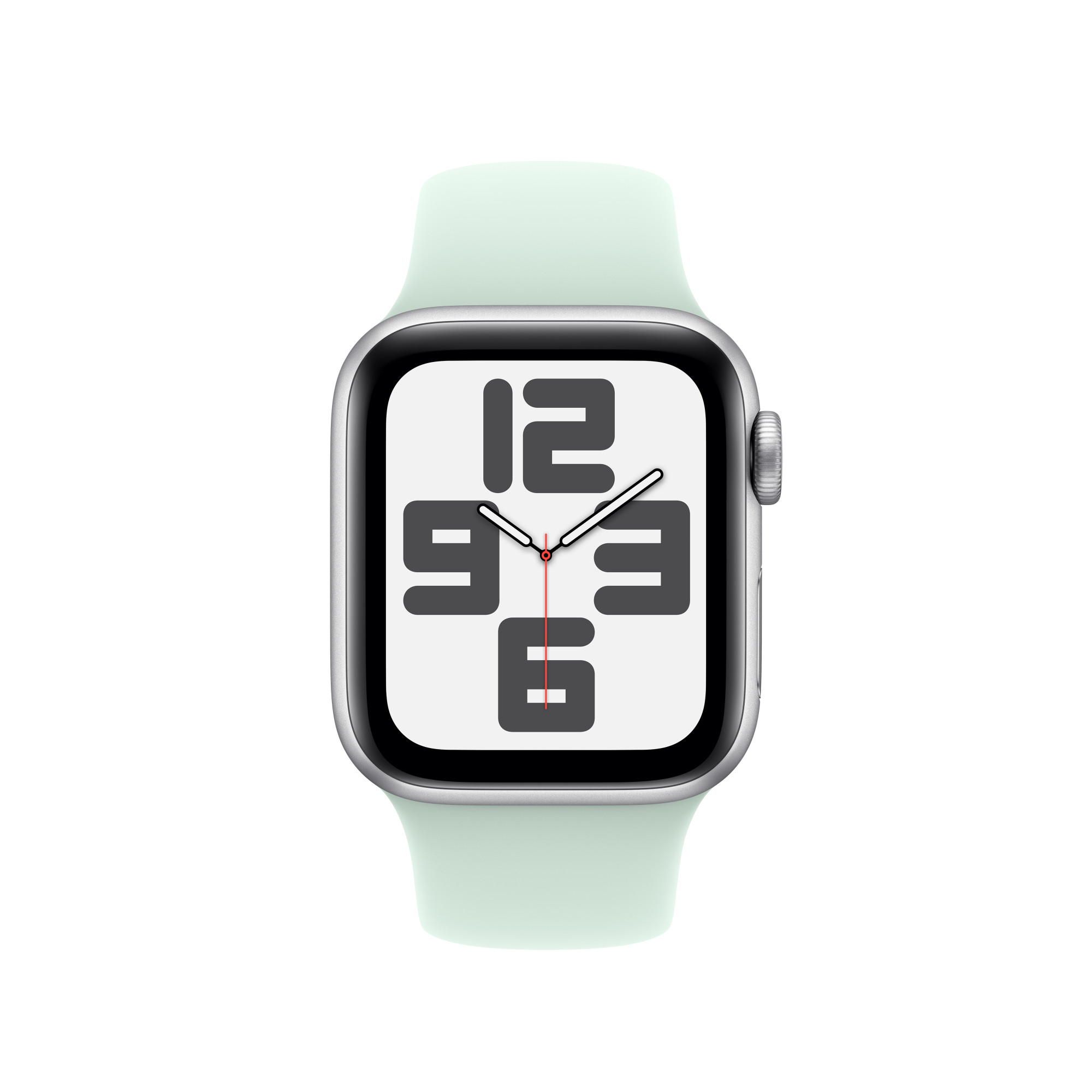 Un Apple Watch plateado con una correa verde menta, que muestra una esfera de reloj.