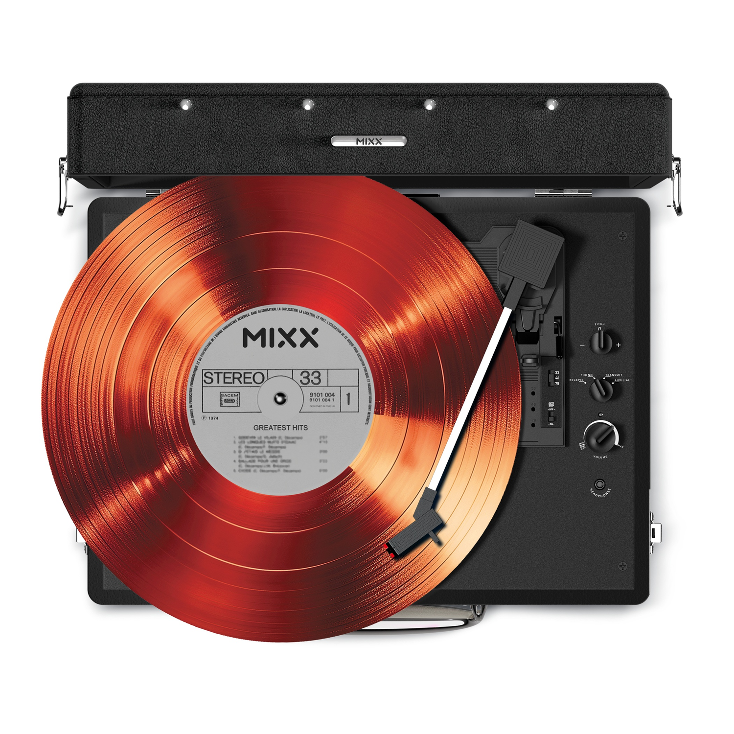 A vintage style record player with a red record, on white surface.