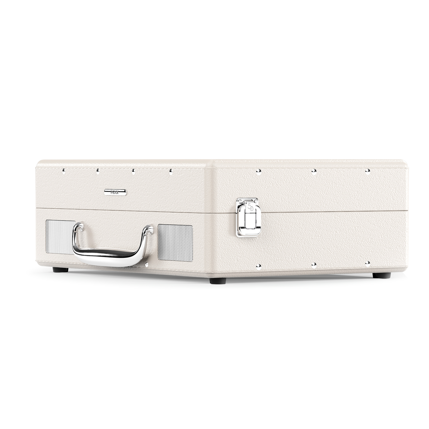 Cream-colored vintage-style record player, top view.