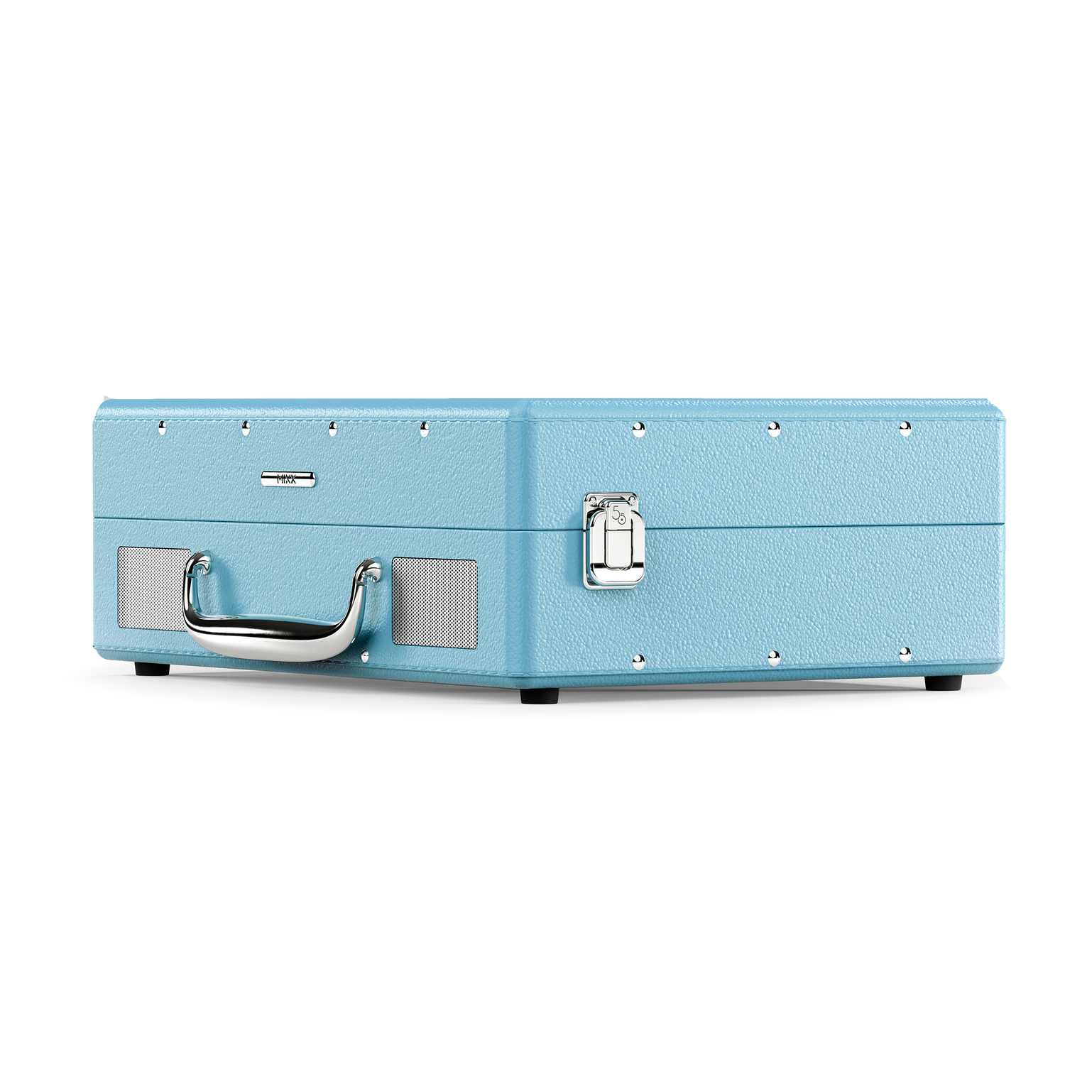 A light blue suitcase-style record player with a silver handle and metal clasp.