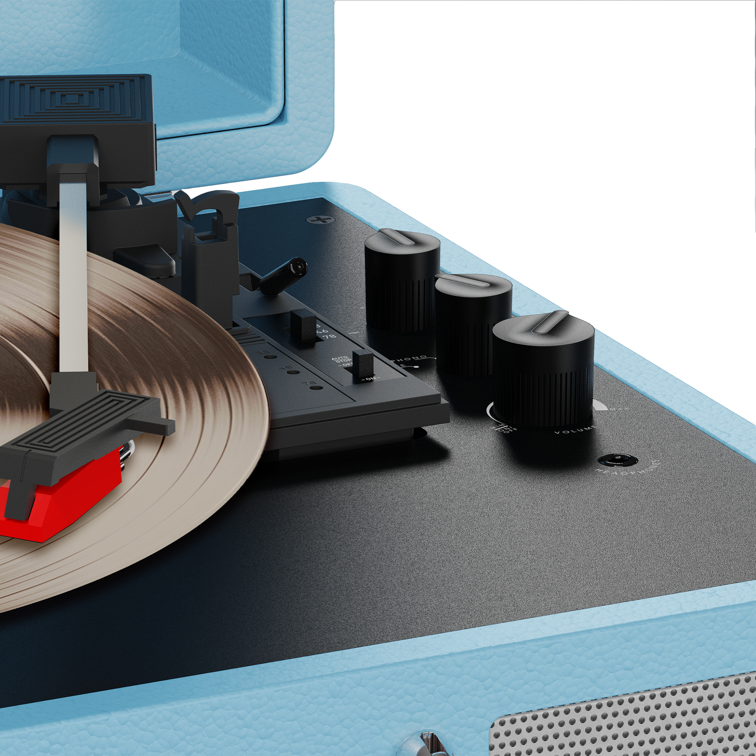Close-up of a blue record player. Vinyl record is spinning. Knobs and a tone arm are visible.