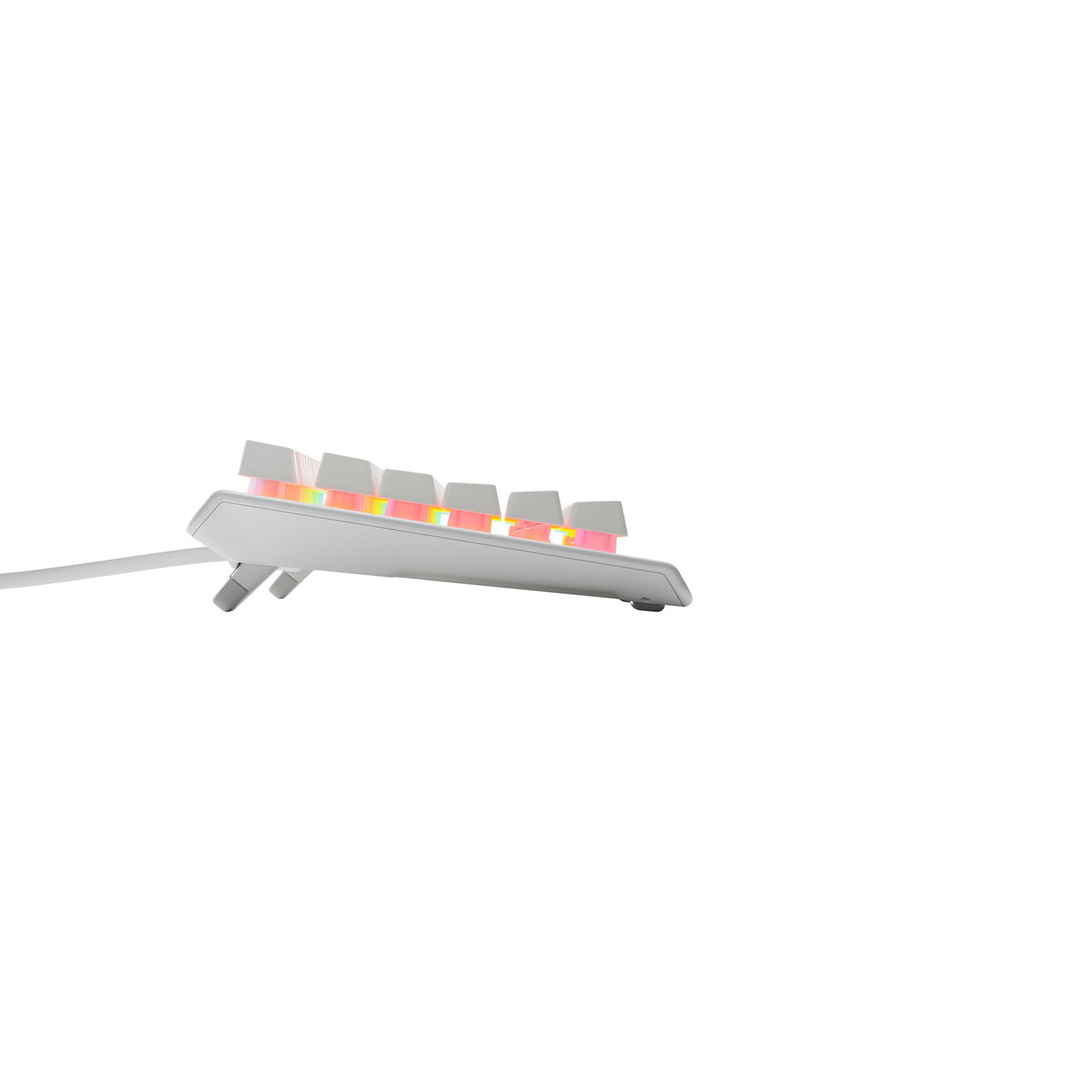 Side view of a white gaming keyboard. Keys are illuminated with multiple colors, on a white surface.
