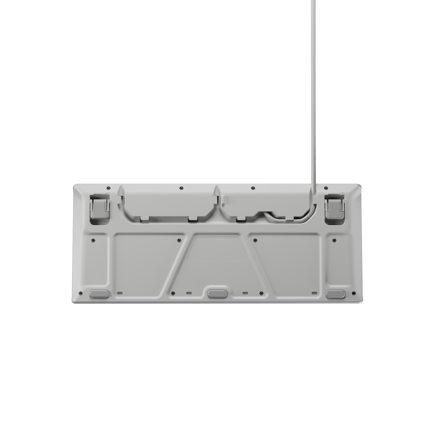 Underside of a white keyboard with a cable.