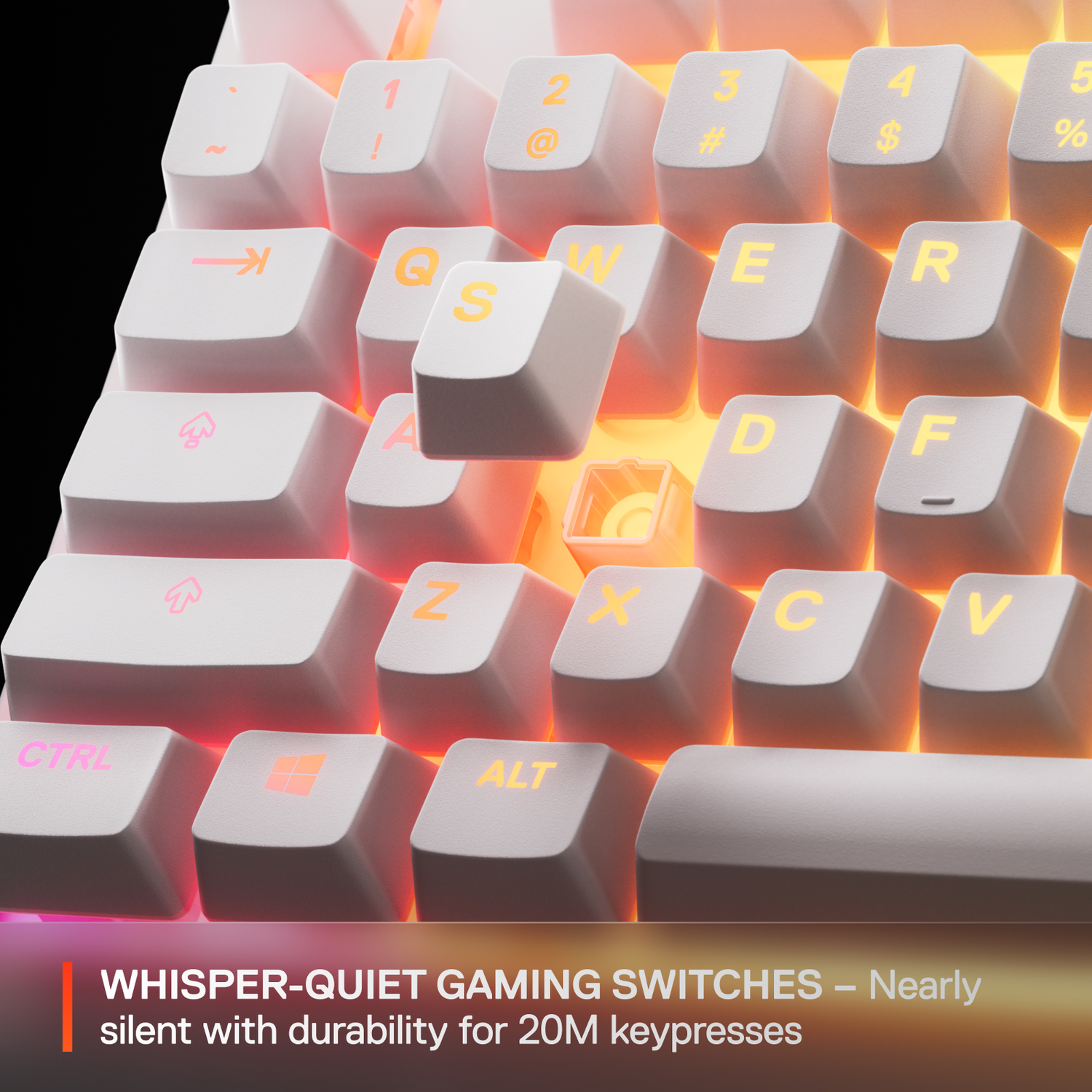 Close-up of a white keyboard keys with colorful lights. Text: Whisper-Quiet Gaming Switches.