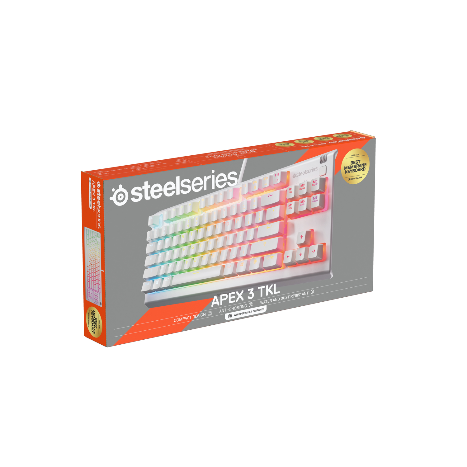 Keyboard in box, white keys with rainbow lights, SteelSeries brand on top.