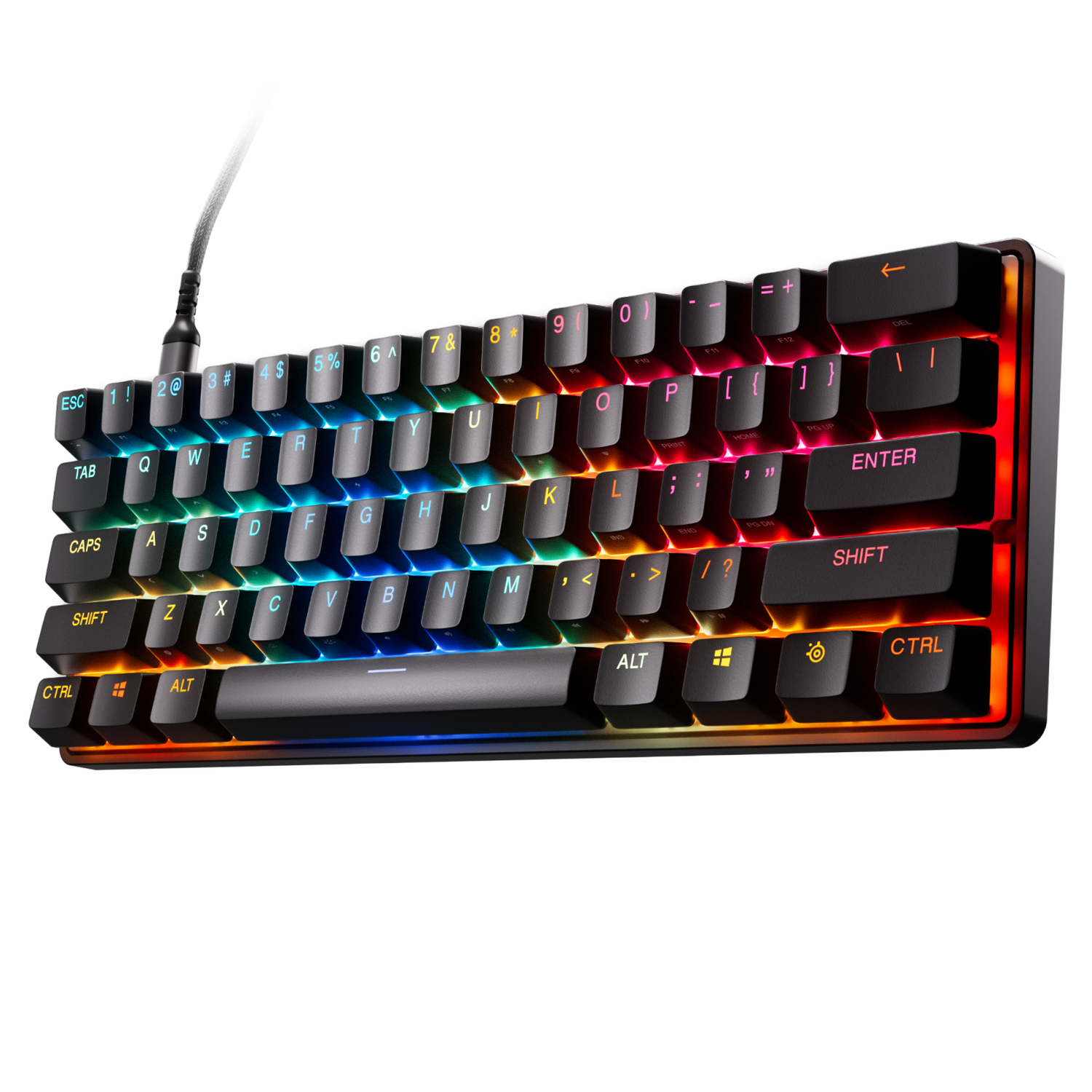 A 60% mechanical keyboard with RGB lighting. Keys are black with white legends.