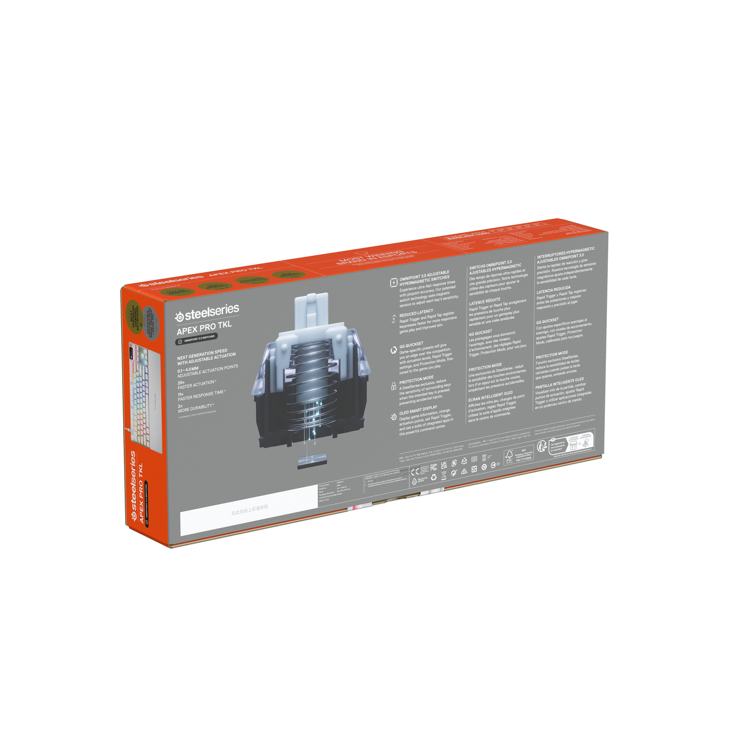 Doos met toetsenbordindeling. Witte toetsen met zwarte letters. Steelseries Apex Pro TKL-label.