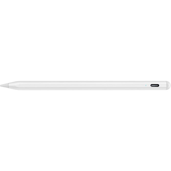 Weißer Stift, schlank und glatt, mit sichtbarer Taste und Ladeanschluss.