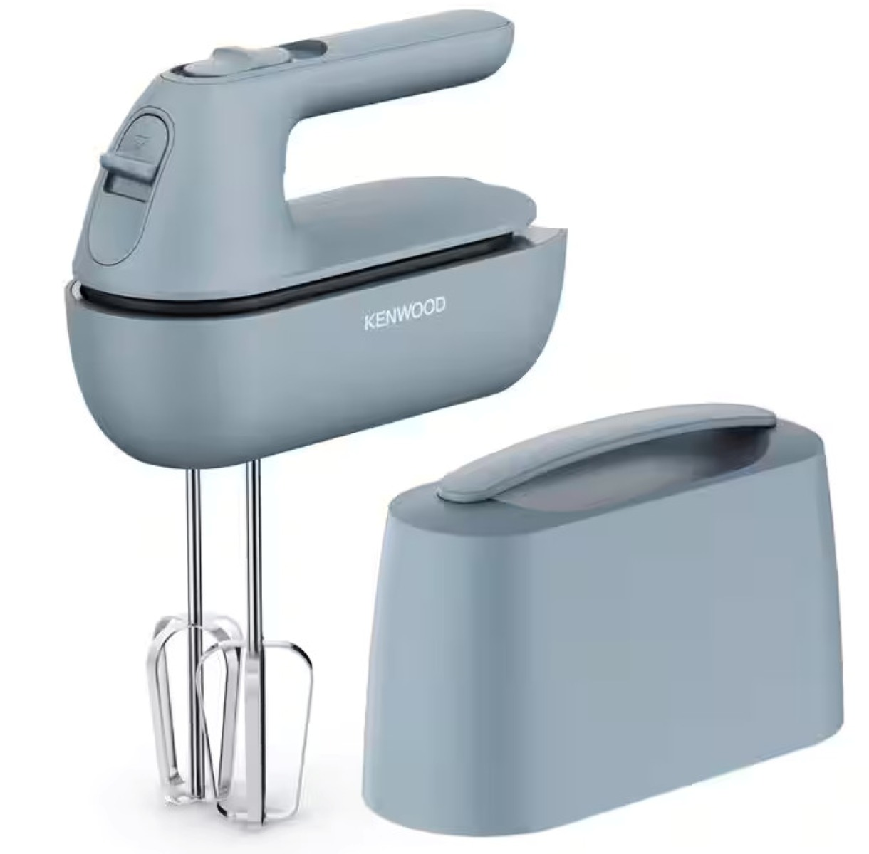 Jasnoniebieski mikser ręczny z podstawą.