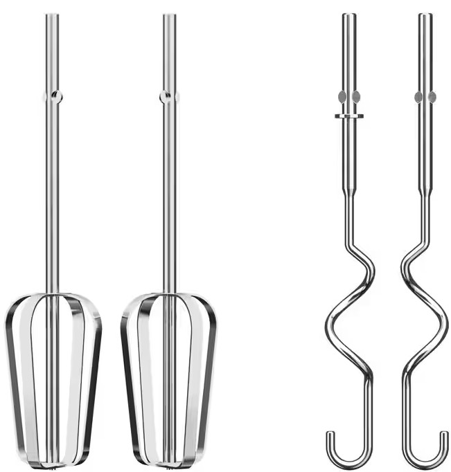 Dwa zestawy przystawek do miksera, jeden z drucianą klatką, a drugi z zakrzywionymi metalowymi ostrzami.