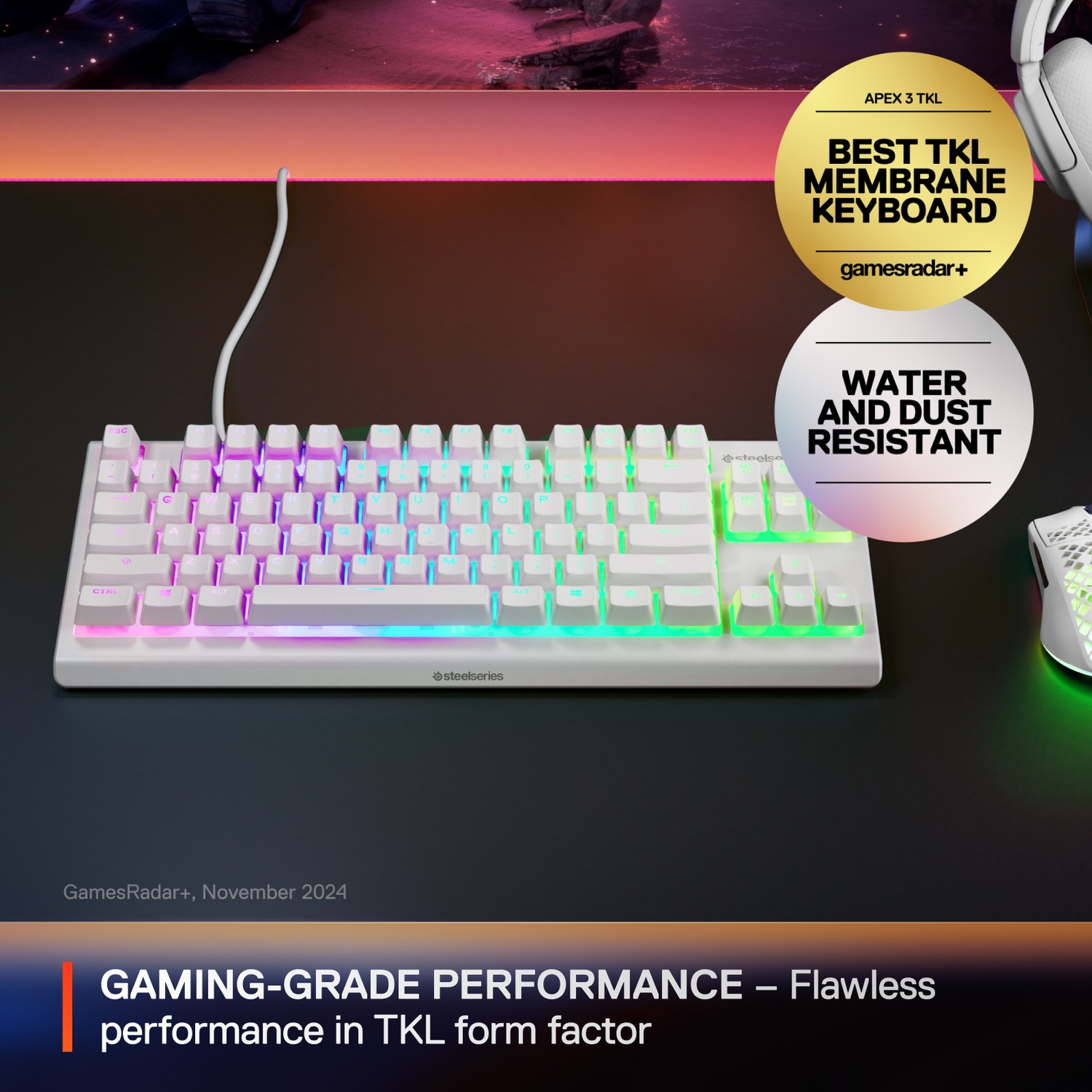 White keyboard with multi-colored lights, white mouse, and text mentioning award.