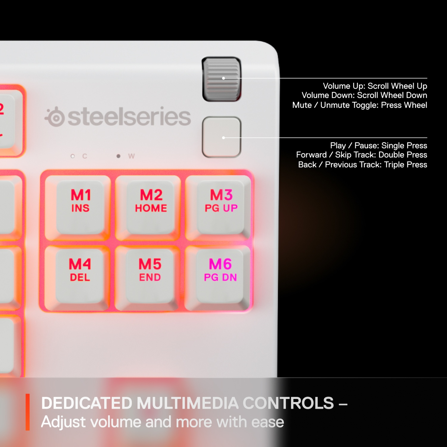 Close-up of a white keyboard with media control keys. The SteelSeries logo is visible.