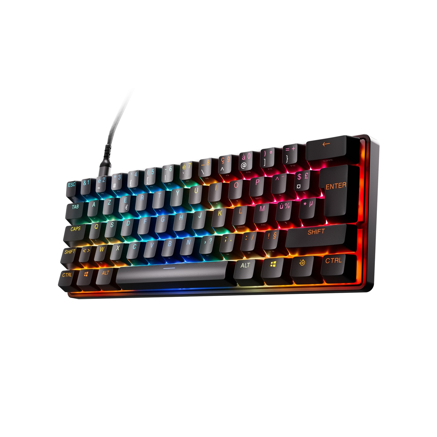 RGB-verlicht mechanisch toetsenbord met zwarte toetsen en een bedrade verbinding.