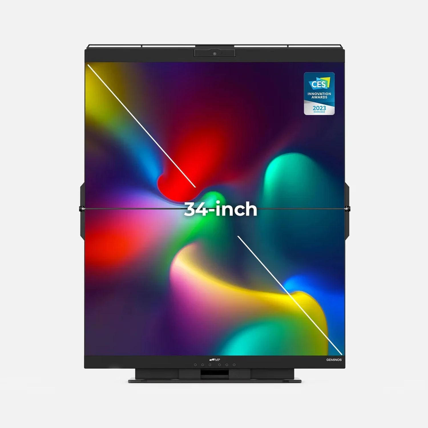 Écran 34 pouces avec fond abstrait coloré et badge des CES Innovation Awards.
