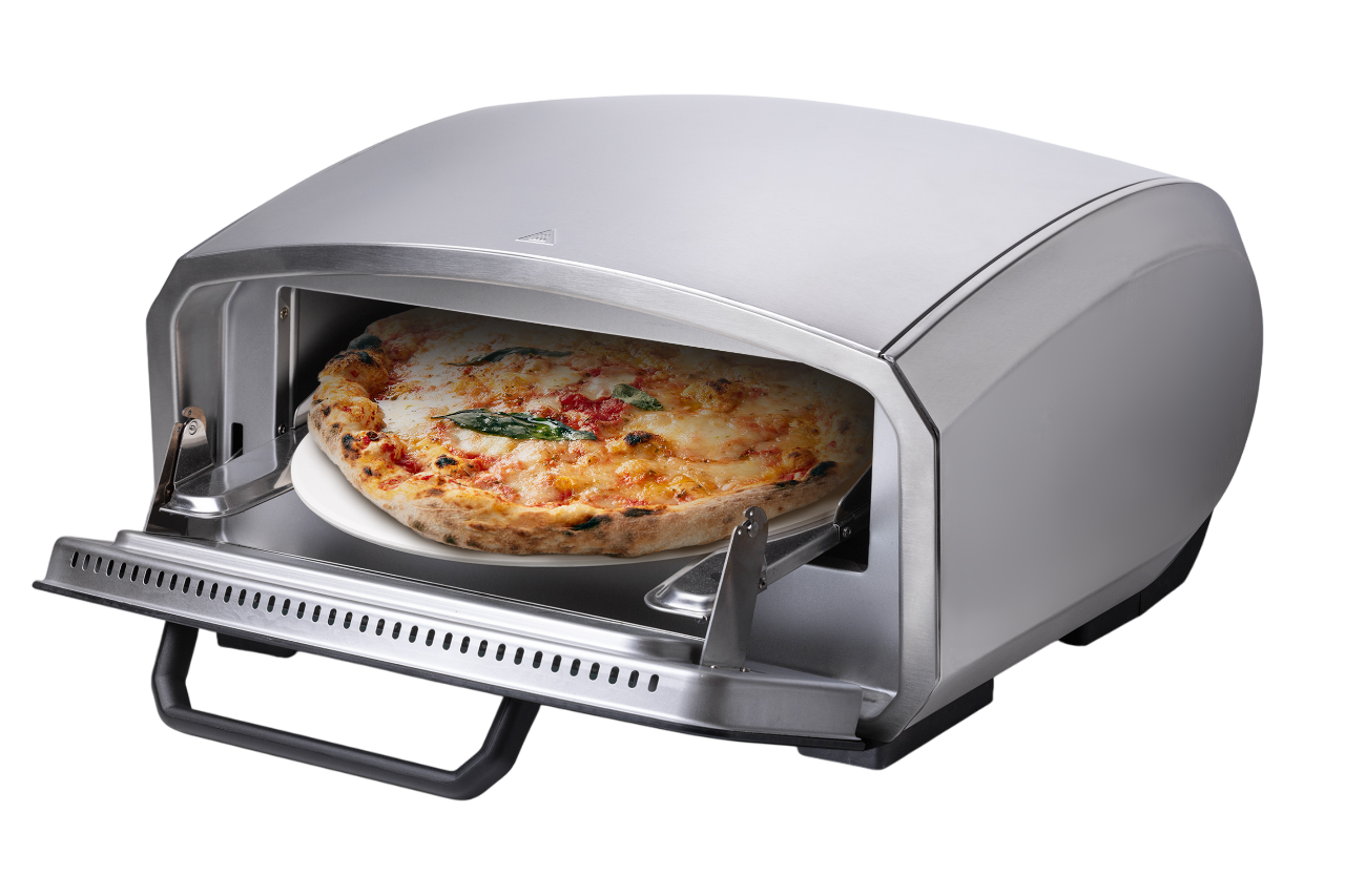Ein Edelstahl-Pizzaofen mit einer Pizza auf einem Teller darin und Griff.