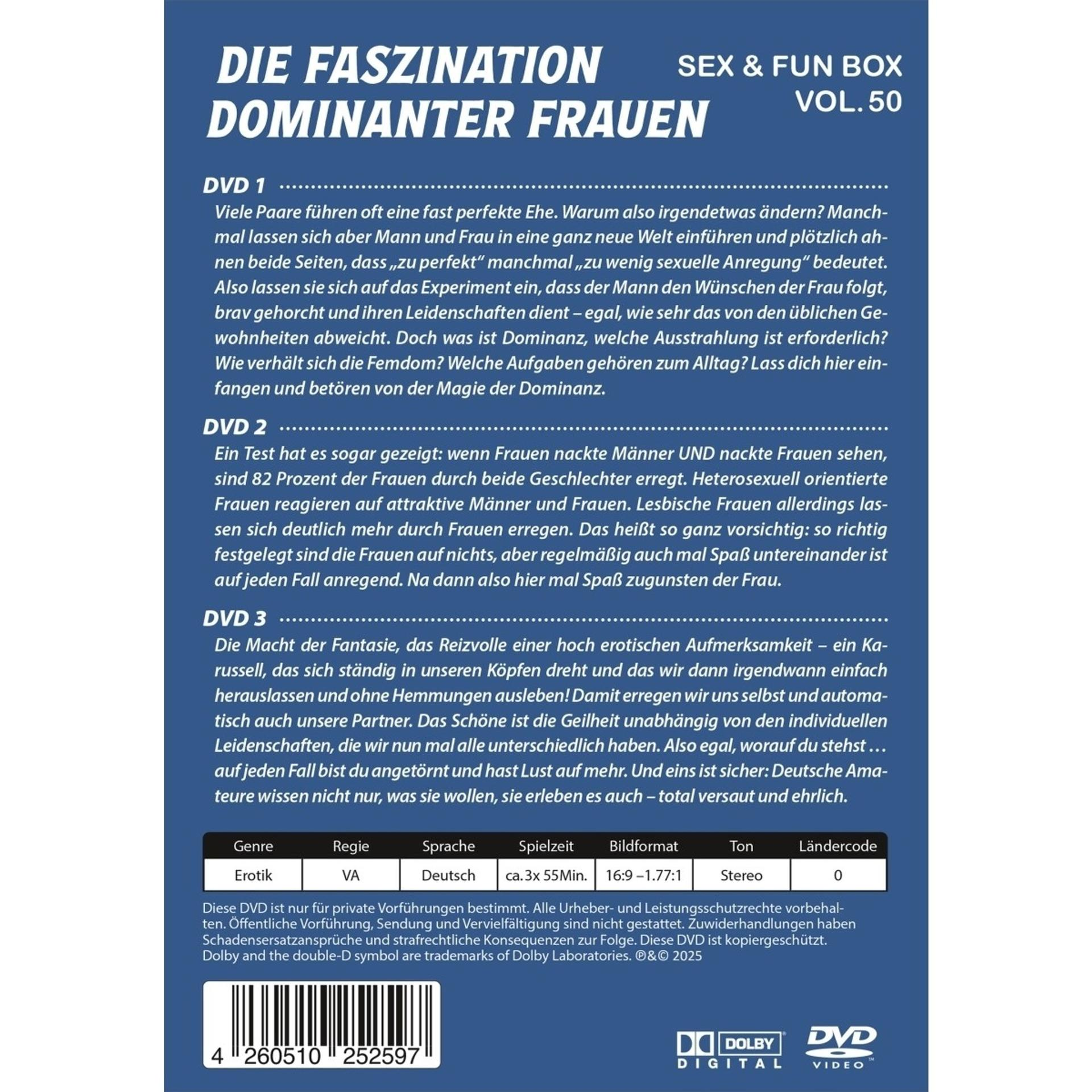 Eine DVD-Hülle mit deutschem Text über eine Domina. Der Koffer ist blau und weiß. Text und Bilder.