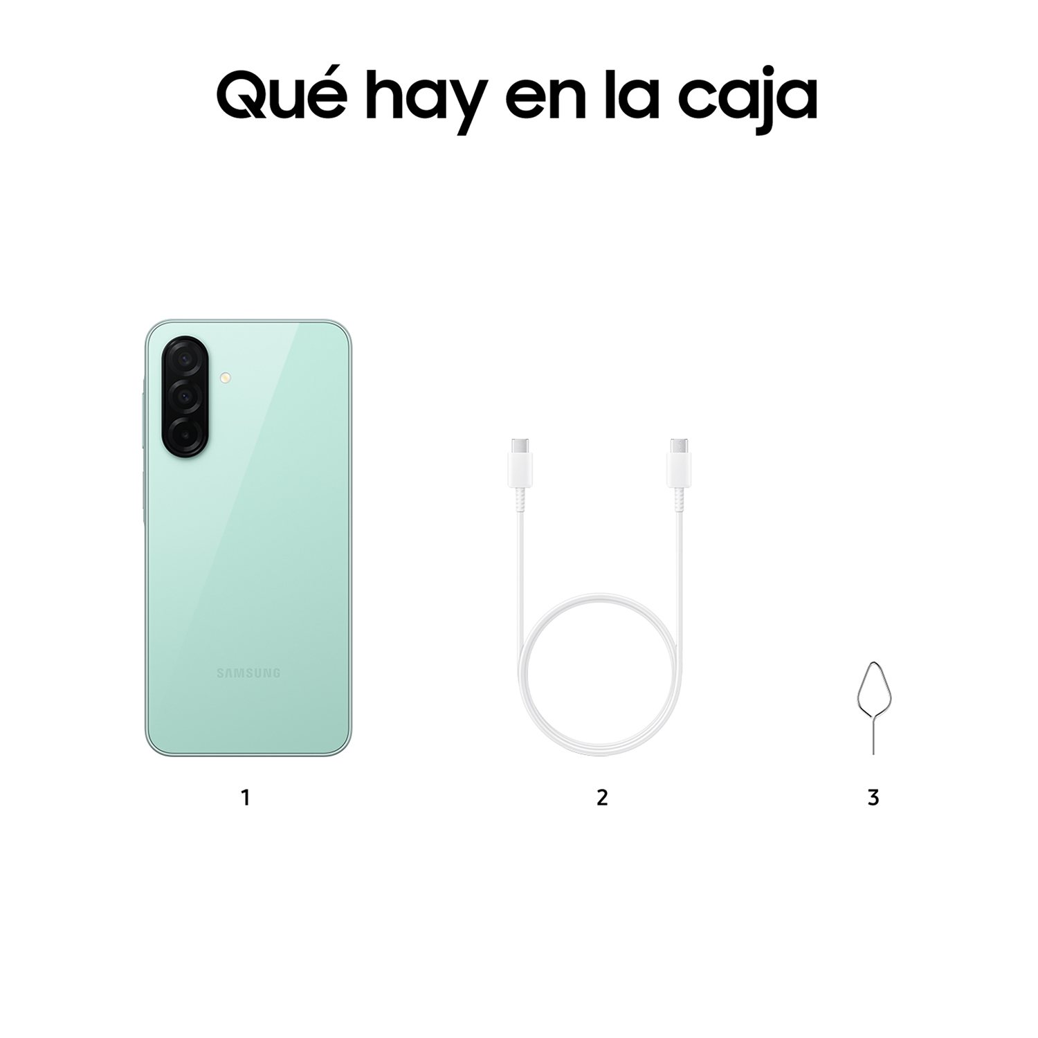 Un teléfono en una caja. Teléfono, cable y un eyector SIM.