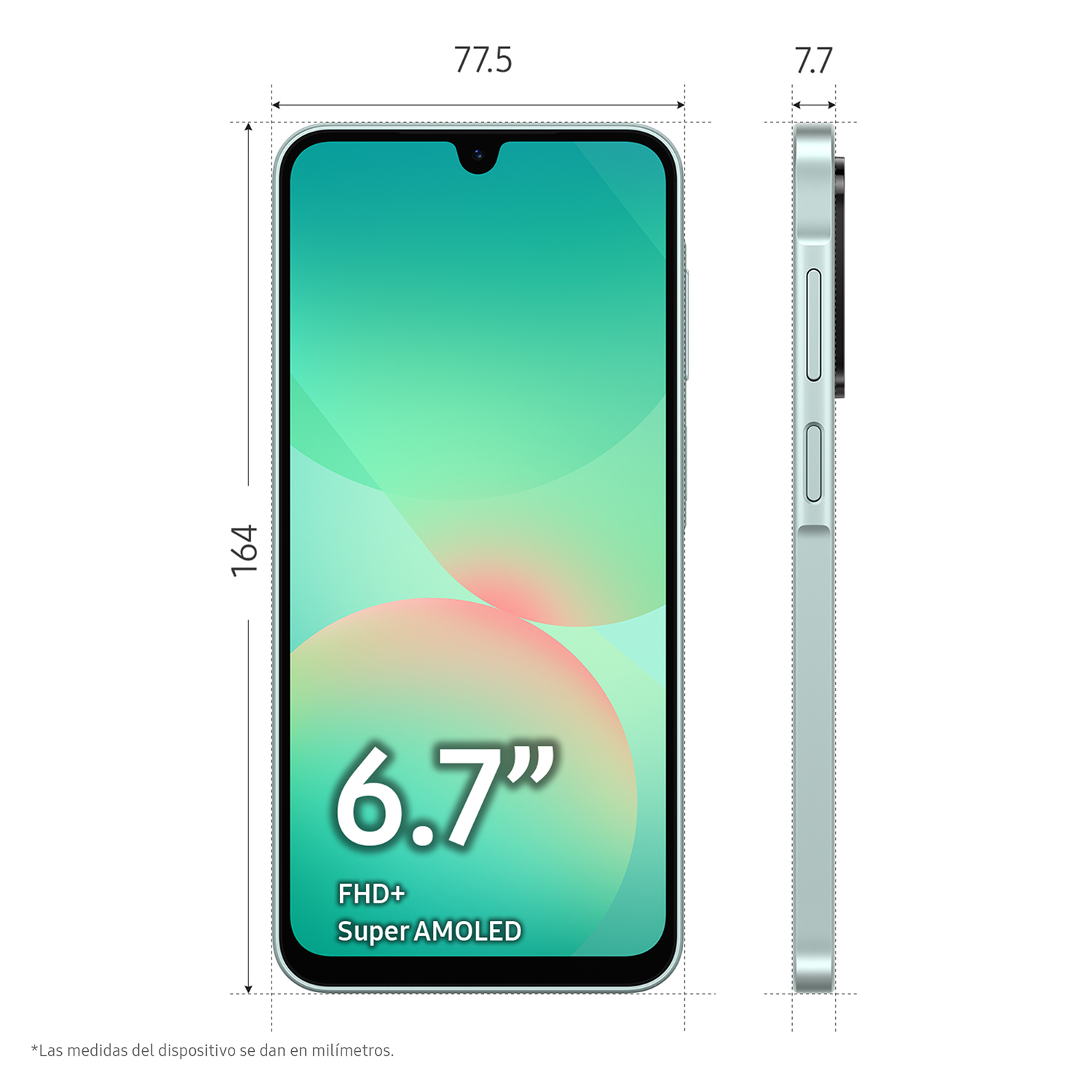 Smartphone con pantalla grande, dimensiones y perfil lateral.