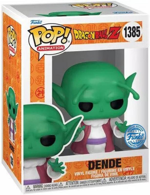 Dende Funko Pop Figur in einer Box mit grüner Figur und Dragon Ball Z Branding.