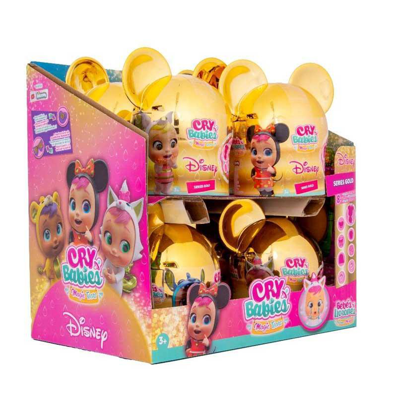 Eine Präsentation von Cry Babies-Puppen in goldfarbener, puppenförmiger Verpackung mit Disney-Branding.