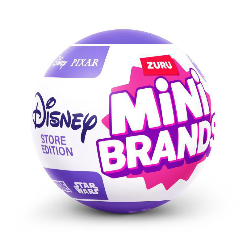 Ein weiß-violetter Ball mit Disney-, Pixar- und Star Wars-Logos. Darauf steht Mini Brands.