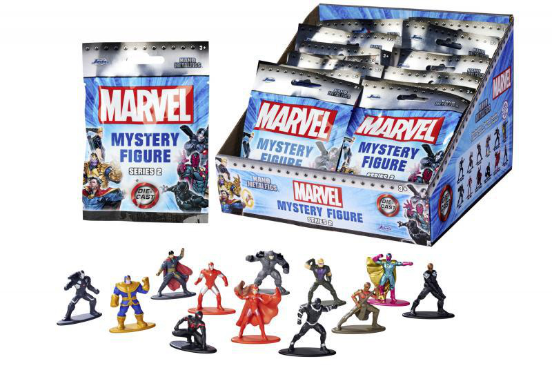 Eine Displaybox mit mehreren versiegelten Marvel-Mystery-Figuren, mit einer einzelnen Figurenpackung.