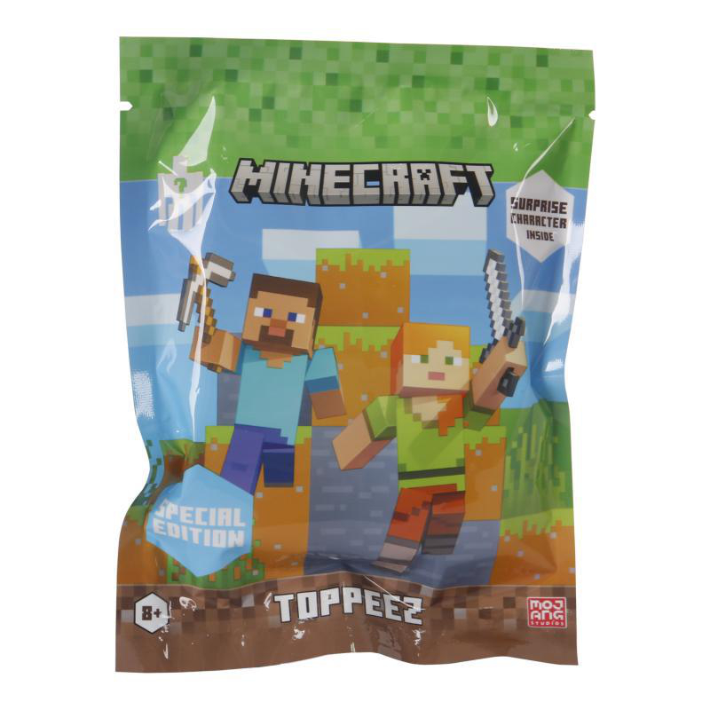 Minecraft Toppeez-Verpackung mit zwei Figuren. Sagt 'Surprise Character Inside'.