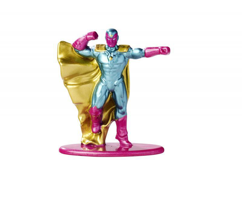 Vision-Actionfigur in heldenhafter Pose. Er hat einen goldenen Umhang und steht auf einem Podest.
