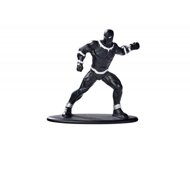 Black Panther Figur auf schwarzer Basis, in dynamischer Pose, auf weißem Hintergrund.