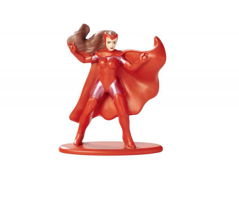 Eine Scarlet Witch-Figur posiert in einem roten Kostüm und Umhang auf weißem Hintergrund.