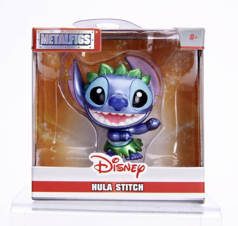 Stitch-Figur in einer Plastikbox mit Disney-Logo. Die Figur ist blau und grün.
