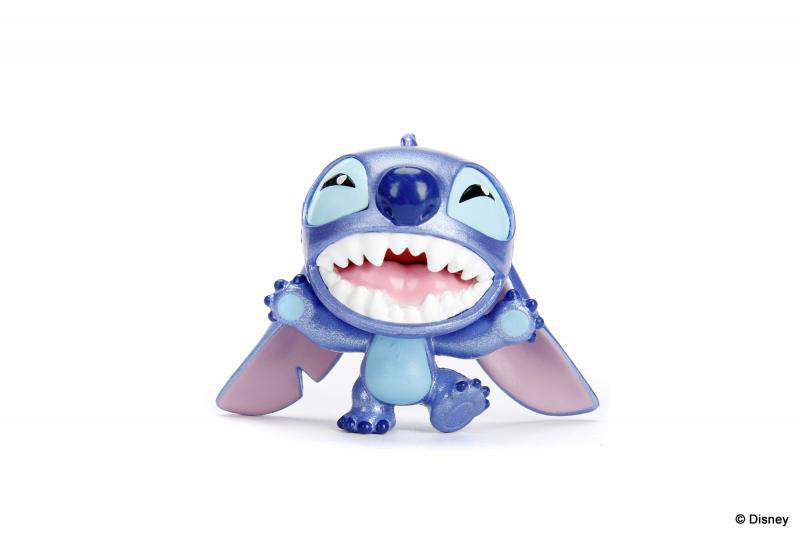 Eine Stitch-Figur mit offenem Mund. Sie ist blau mit rosa Ohren und Gliedmaßen.