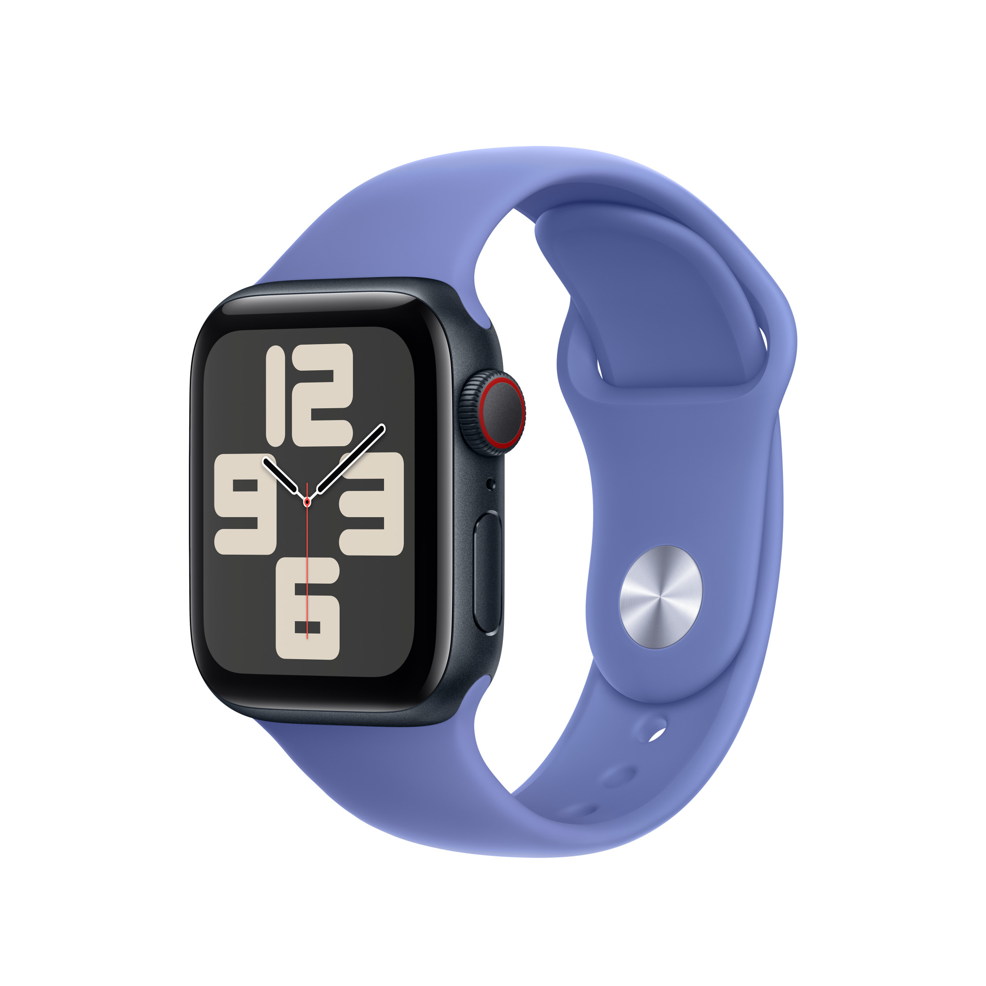 Apple Watch SE con correa azul, esfera negra y un acento rojo lateral.