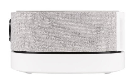 Biało-szare urządzenie podobne do głośnika z tkaniną na górze i białą podstawą.