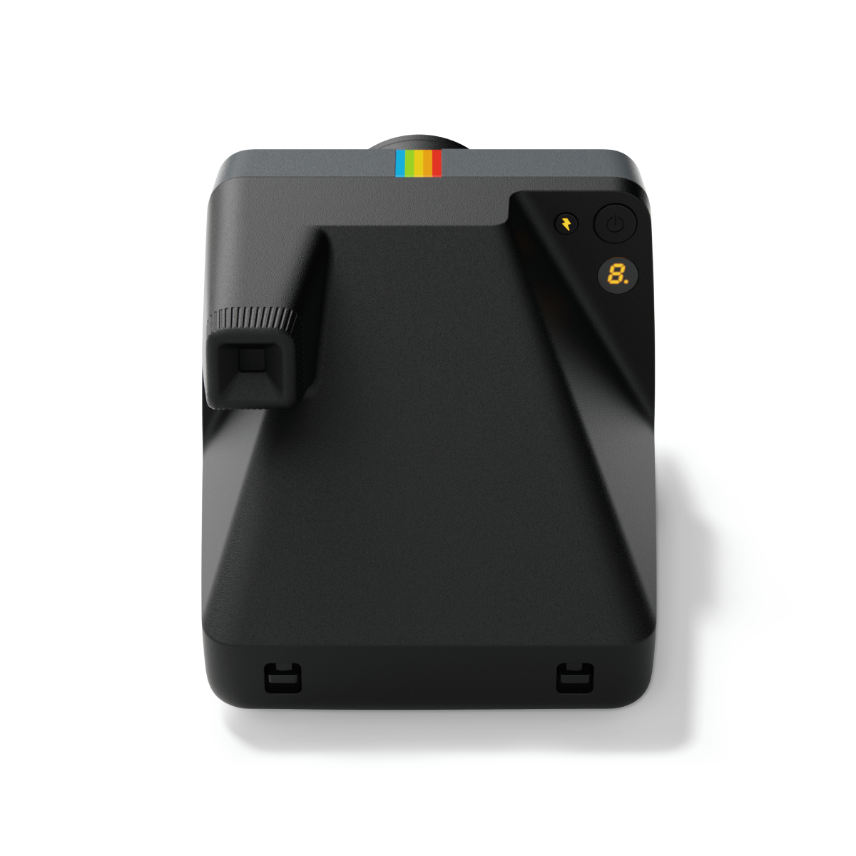 Schwarze Polaroid-Kamera, Draufsicht. Regenbogenstreifen oben und orangefarbener Einschaltknopf.