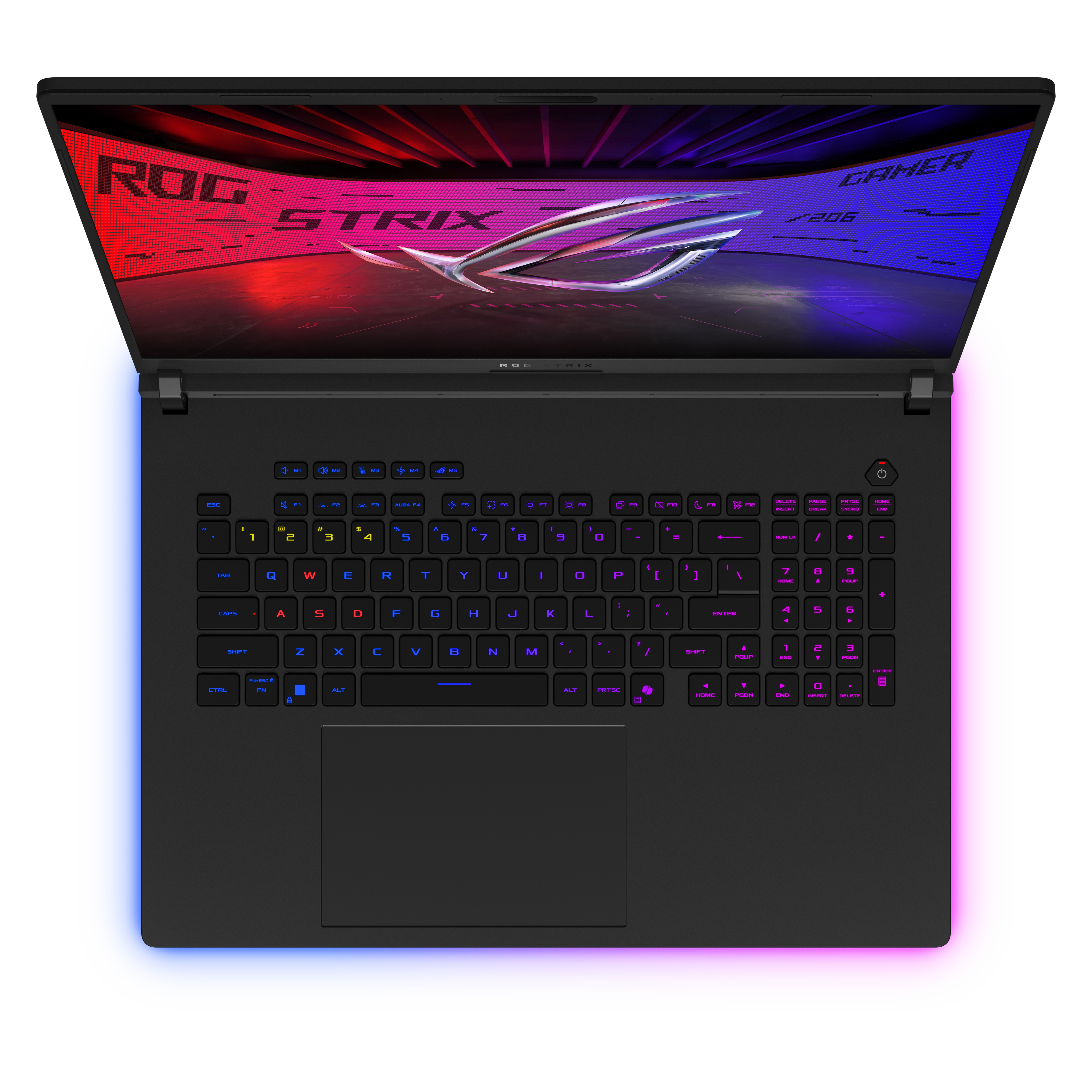 Eine Laptop-Tastatur. Die Tasten sind in verschiedenen Farben beleuchtet. Oben ist das ROG Strix-Logo.