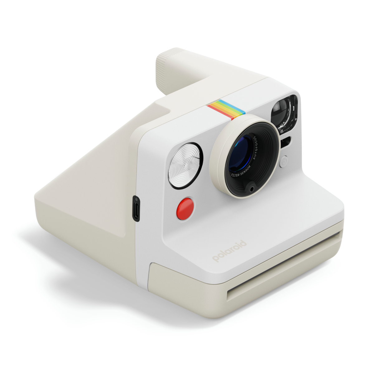 Eine weiße Polaroid-Kamera mit roter Taste und Regenbogenstreifen, schräge Ansicht.