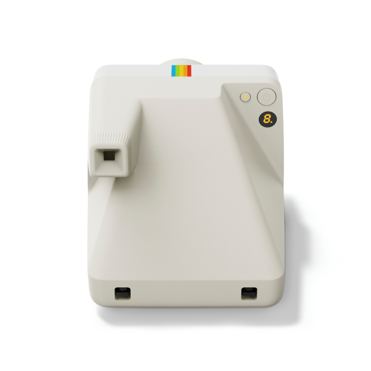 Beige Polaroid Kamera mit Regenbogenstreifen Detail auf weißem Hintergrund.