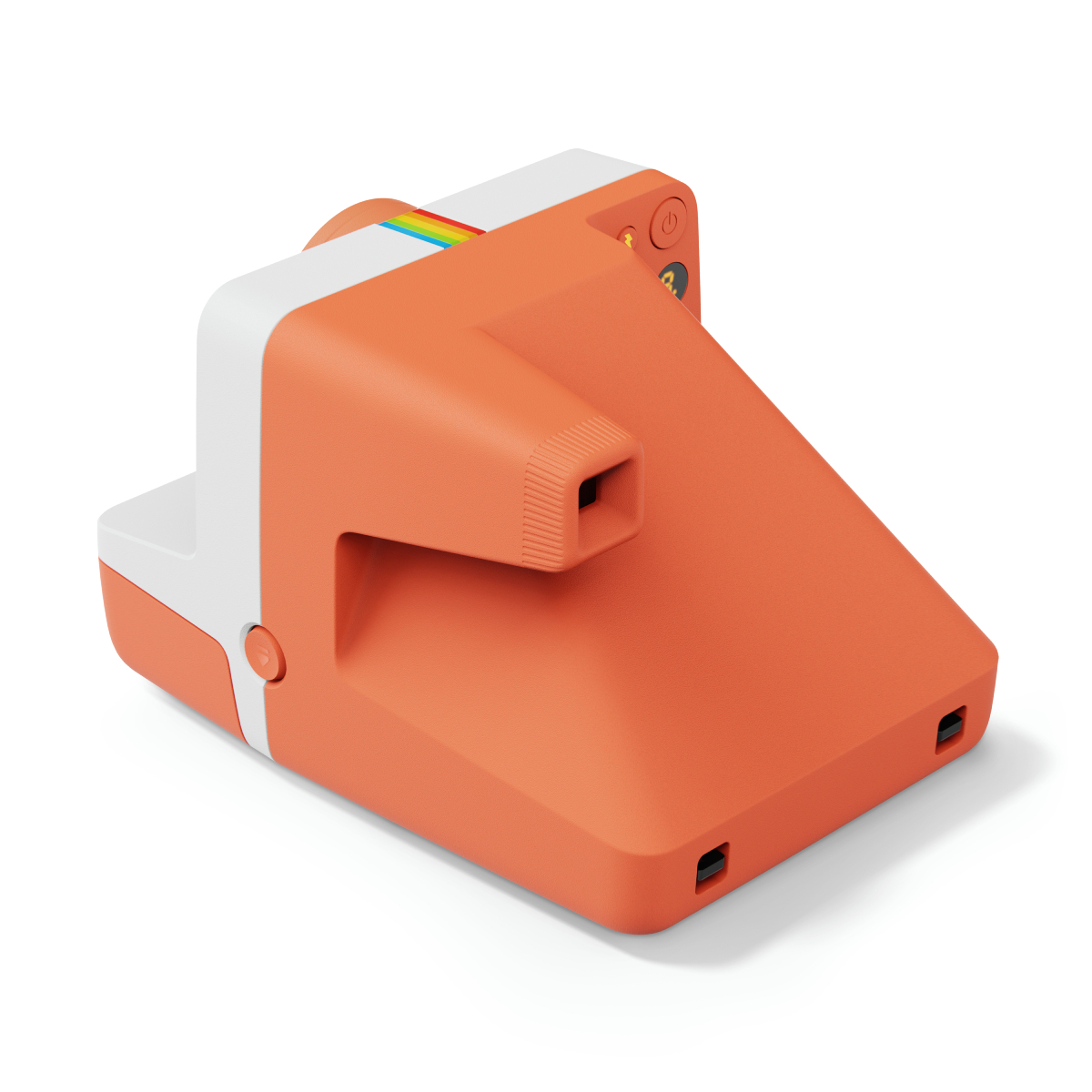 Orange-weiße Polaroid-Kamera. Die Kamera hat einen weißen Deckel und ein orangefarbenes Gehäuse. Auf weißer Fläche.