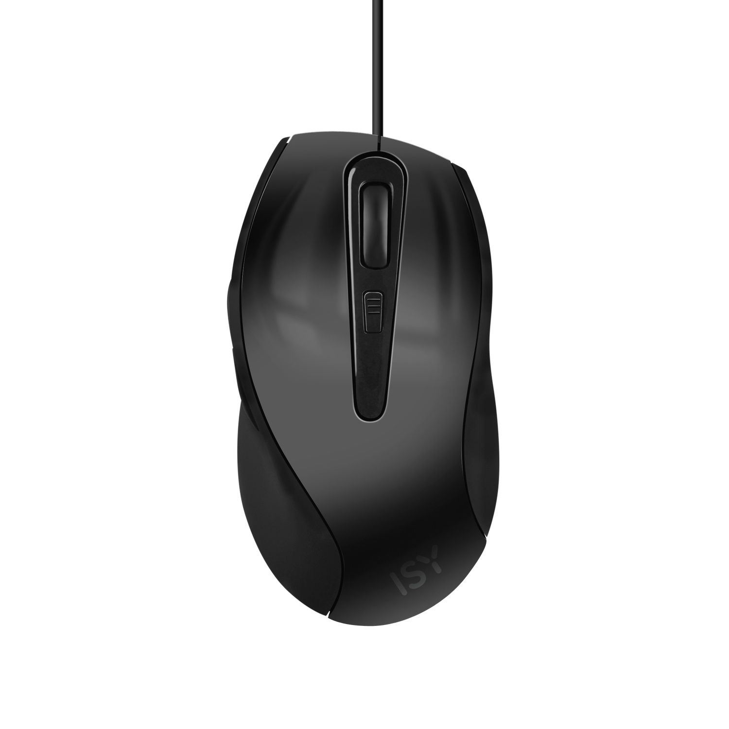 Black computer mouse with a scroll wheel and buttons.