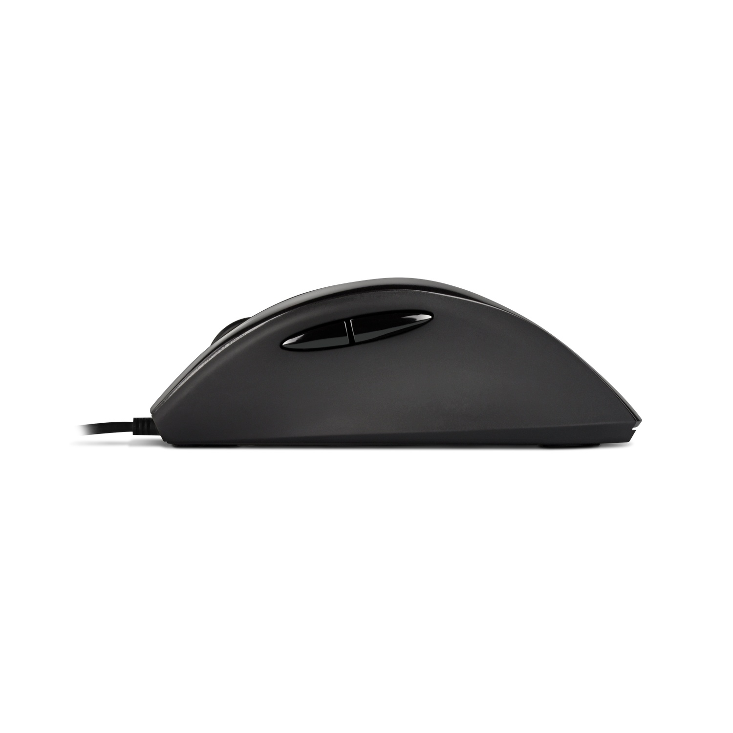 A black computer mouse with two buttons and a scroll wheel on a white background.