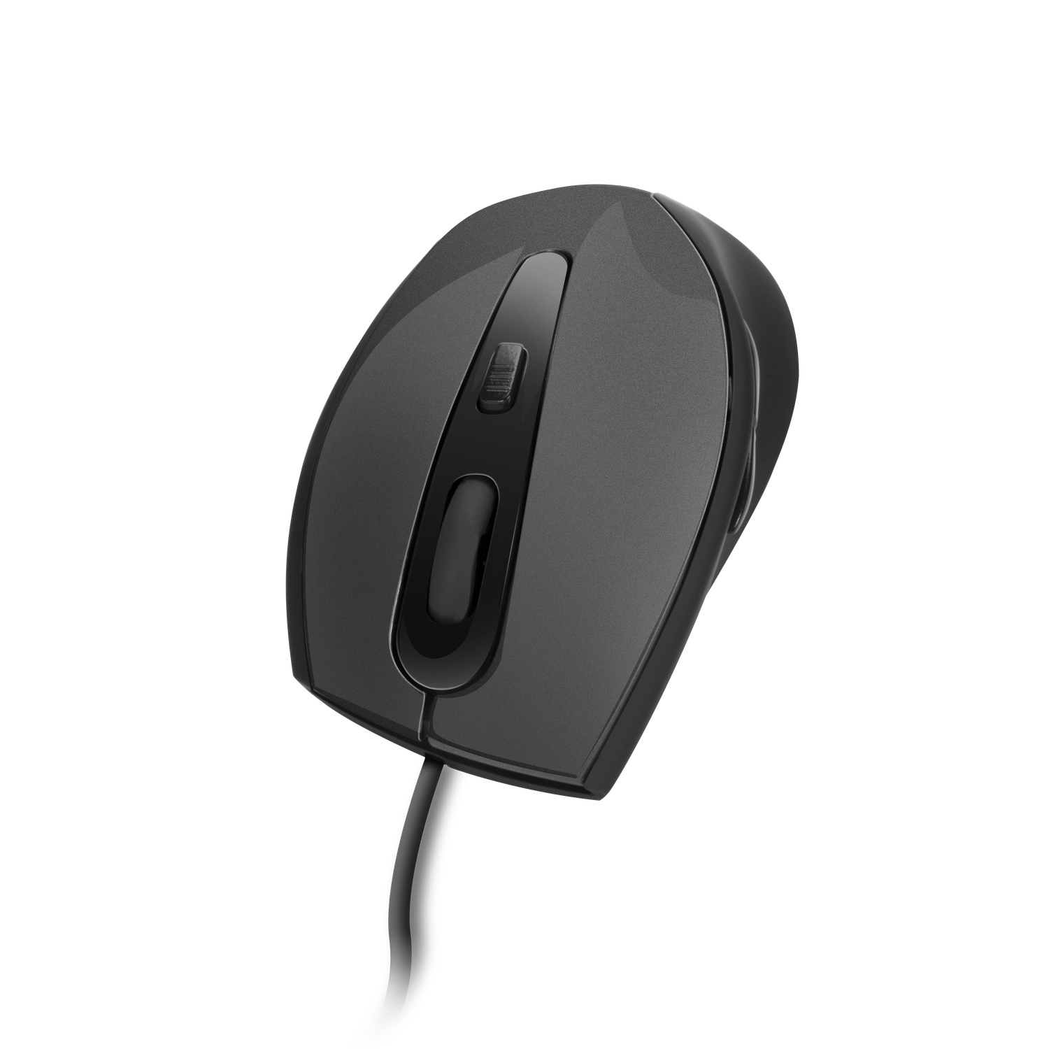 Top view of a black computer mouse with a scroll wheel and cord on white.