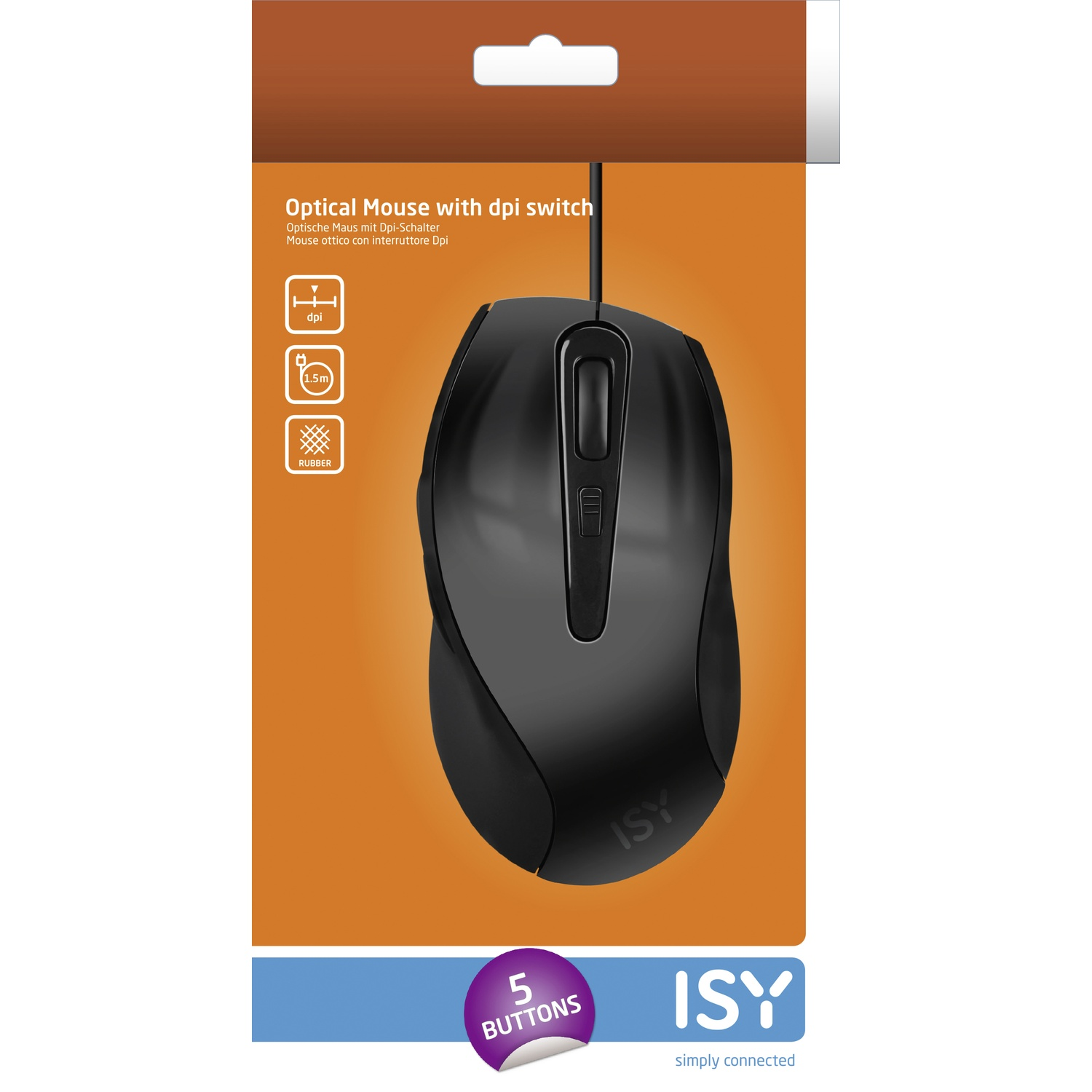 A black computer mouse with a cable and a package with a orange background.